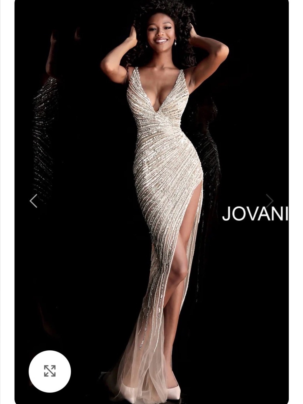 Jovani Champagne Evening Dress V-Neck Beaded Long With Slit
Size Medium